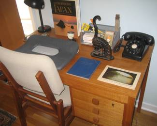 Small wood desk, collapsible office chair, vintage 1950's rotary phone, antique paper press