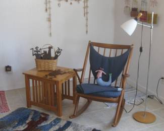 MCM Danish rocker by Frank Reenskaug for Bramin, side table, Rya rug, and floor lamp