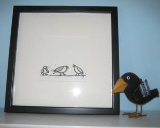 Framed art, metal bird figure