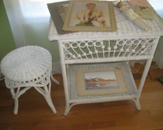 Victorian white wicker table and stool