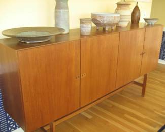 Mid Century Danish modern teak buffet, pottery selection, wood base lamp