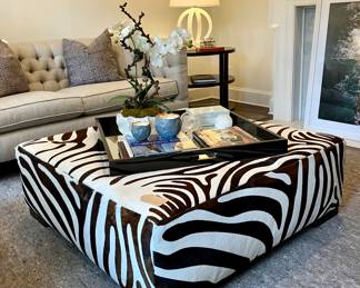 Large faux zebra, cowhide covered ottoman