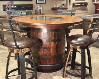 Jack Daniels Whiskey Barrel Pub Table 36" High W/4 Swivel Bar Stools