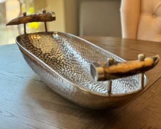 Vtg Hammered Nickel Bowl With Ram Horn Handles