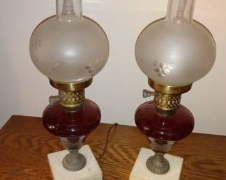 Antique Ruby Red Marble Glass Lamps Pair