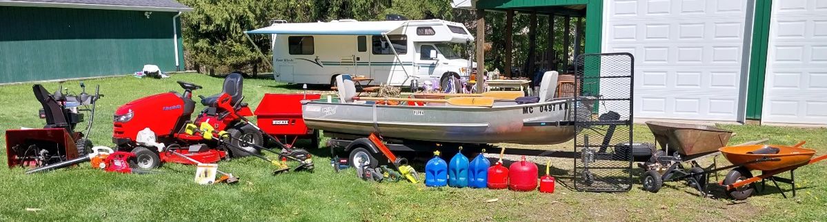2000 Four Winds 5000 28’ motorhome, 81,390 miles, onboard generator, tank heaters, new (awning, new ac/heat, brakes, tires, exhaust, window seals), 12’ Meyers aluminum fishing boat with trailer, oars, Evinrude 6, outboard, Minn Kota trolling motor, fuel tanks, life jackets, Simplicity lawn tractor 48”, Husky lawn cart, Toro 826LE snow blower, B&D edger, Ryobi 18V weed whips, Stihl, leaf blower, Stihl weed whip, Ryobi 18V hedge sweep, hedge trimmers, fuel cans,wheelbarrows, hitch rack