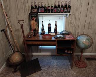 Coke, Pepsi, globes, Owosso Manu. Snow shovel, desk