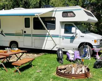 MOTORHOME: 2000 Four Winds 5000 28’ motorhome, 81,390 miles, onboard generator, tank heaters, new (awning, new ac/heat, brakes, tires, exhaust, window seals), Monster Moto 80 minibike, picnic table, Razor battery powered scooters, bicycles