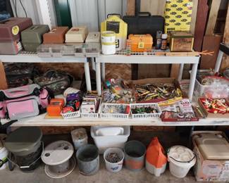 bait boxes, minnow pails, trident, tackle boxes, lures