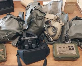 military surplus (gas masks, night vision goggles, canteen, mess kits, canvas totes, bags, back packs