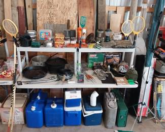 CAMPING: trailer hitch carrier, Coleman deck cooler, tents, canopies, chairs, picnic table, grills, smoker, stoves, sleeping bags, air mattresses, cots, lanterns, cast iron pots, cook ware, coolers, water cans, camp showers, clamshell cookers, table clothes, rope lights, tiki lights
