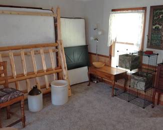 queen rustic pine bed, crocks, twin bed, Jewelry cabinet, Jack Daniels mirror