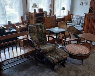 rocking chairs, glider rocker, wooden hall bench, loveseat with ottoman, coffee tables, lamps, rustic decor