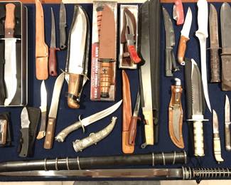 Winchester, USMC, fighting, 8" slotted, Northmark filet, Frost, pocket and jack knives, bowie, sword