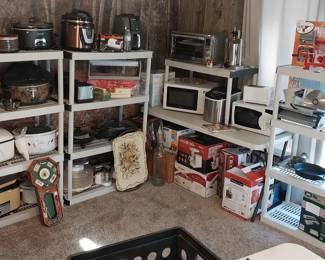 Crock pots, roasters, toaster oven, deep fryers, stand mixer, microwaves, meat grinder, meat slicer, vacuum sealer, dehydrator, sausage maker, tv trays