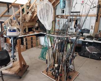 deep sea, fly, ice rods and tackle, Penn Peer, Southbend, Ugly Stick, Shakespeare, Zebco, Shimano, Quantum, Martin, Flambeau, nets, Evinrude 6, outboard, Minn Kota trolling motor, fuel tanks