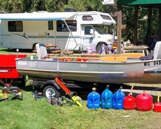 2000 Four Wins 5000 28’ motorhome, 81,390 miles, onboard generator, tank heaters, new (awning, new ac/heat, brakes, tires, exhaust, window seals), 12’ Meyers aluminum fishing boat with trailer, oars, Evinrude 6, outboard, Minn Kota trolling motor, fuel tanks, life jackets, Simplicity lawn tractor 48”, Husky lawn cart, Toro 826LE snow blower, B&D edger, Ryobi 18V weed whips, Stihl, leaf blower, Stihl weed whip, Ryobi 18V hedge sweep, hedge trimmers, fuel cans,wheelbarrows, hitch rack