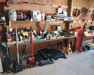 1.5 ton floor jack, 3.5 ton floor jack, farm jack, ramps, jack stands, trailer balls, creeper, stool, Chiltons, fluids, Jeep floor mats, cleaners, battery chargers