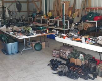 Taxidermy (deer, antlers, turkey, fish, squirrel, goose) pelts, decoys (duck, goose, turkey), targets, ammo boxes, calls, cleaning kits, feeders, archery, blinds, ghillie suits, coats, hats, boots, gear, traps, binoculars, blow dart, load out cart, climbing harness, trail cams, sight vise, scopes, range finders, clay targets, Realtree, Gamehide, Feildline, army surplus (gas masks, night vision goggles, canteen, mess kits, canvas totes, bags, back packs) camo everything, deep sea, fly, ice rods and tackle, Penn Peer, Southbend, Ugly Stick, Shakespeare, Zebco, Shimano, Quantum, Martin, Flambeau, nets, bait boxes, minnow pails, trident, tackle boxes, lures, Jiffy ice auger, filet knives, rod cases and bags, waders, climbing harnesses