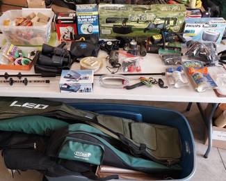 rod cases and bags, blow darts, Bushnell binoculars, emergency radio, scanner, 2way radios, weather radio, air horns, head lamps