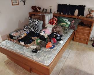 queen storage bed, hats, DVDs, "big cat" decor