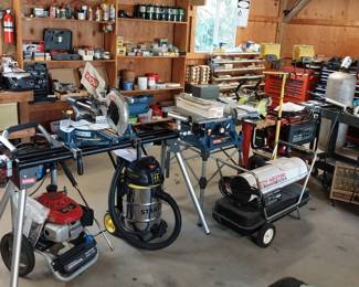 Snap-On rolling tool cabinets, Predator 4000 generator, Ryobi drill press, Ryobi 16” band saw, Ryobi 10” table saw, Ryobi 10” sliding miter with stand, 7” wet tile saw, Homelite power washer