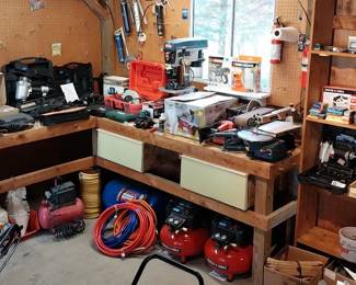 Porter Cable air compressors, Porter cable, framing nailer, finish nailers, staplers, Milwaukee Sawzall, Ridgid multitool, Craftsman router, Skill router, belt sanders, disc sander