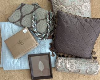 Lot #218 - Queen Size Coverlet, New Ralph Lauren Sheet Set, Curtain Panels, Decorative Pillows & Artwork