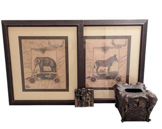 Lot #145 - Framed Animal Artwork Lot with Elephant and Zebra Prints and Decorative Elephant Tissue Box Cover & Switch Cover