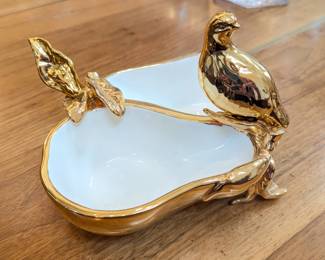 Lot #120 - Department 56 Gold-Plated Divided Ceramic Dish with Bird & Flower Design Condiment Knives