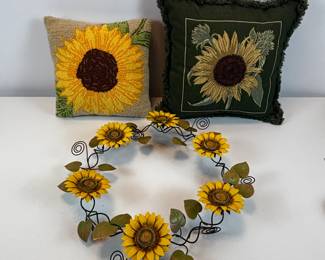 Lot #80 - Metal Sunflower Wreath & Sunflower Throw Pillows