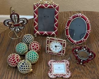 Lot #17 - Red Enameled Desk Clock, Decorative Photo Frames and Ornaments Lot