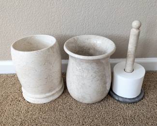 Lot #222 - Creative Home Champagne Marble Trash Can, Vase, Toilet Paper Holder
