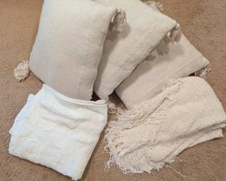Lot #125 - Textured Cream Throw Pillows and Blankets Lot
