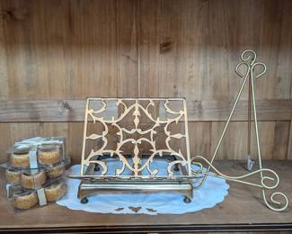 Lot #118 - Decorative Napkin Ring Sets with Brass Folding Book Stand & Gold Toned Metal Easel Stand