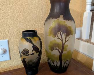 Lot #112 - Vintage Peking Glass Cameo Vase with Birds & Art Nouveau Style Landscape Cameo Vase
