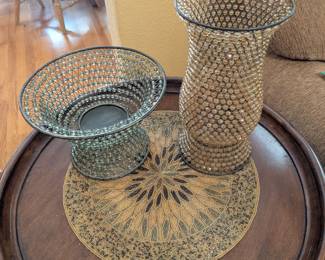 Lot #92 - Two Beaded Candle Holders With Beaded Table Mat