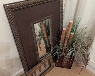 Lot #144 - Decorative Mirror, Faux Plant and Framed Wall Art Lot