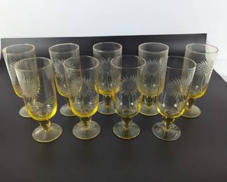 Lot #82 - Rare Set of 9 Vintage Sunflower Etched Yellow Glass Goblets