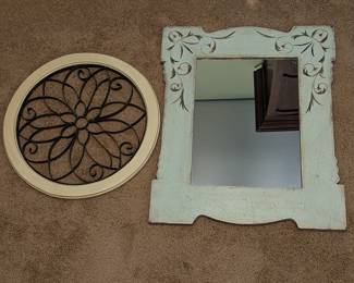 Lot #157 - Vintage Celadon Mirror and Decorative Wrought Iron Wall Art