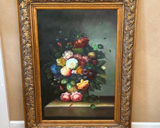 Lot #35 - Large Floral Still Life Canvas Painting With Ornate Frame