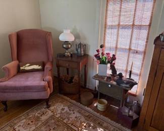 Wing back chair, one drawer stand, cute small dough type box, more smalls
