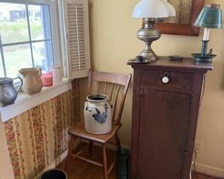 Lyons crock with blue decor as-is. Fisher Lyons crock. Nice size cupboard with shelving and drawer.