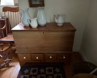Beautiful pine blanket box with drawers. Group of Ironstone, some as-is. Boston rocker