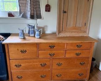 Unique drawer configuration in this chest. Nice hanging cupboard. Blue transfer ware.