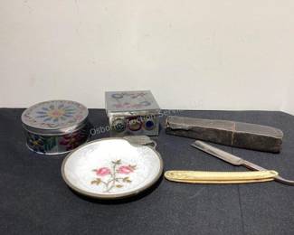 Enameled dish, vintage razor, trinket boxes