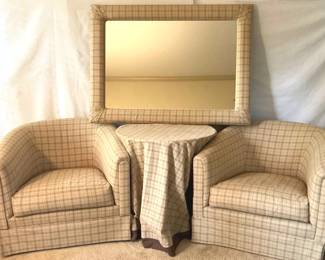 Beige Plaid Chairs, Mirror, And Table Set