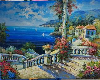 $175 large acrylic on canvas Mediterranean Seaside villa 