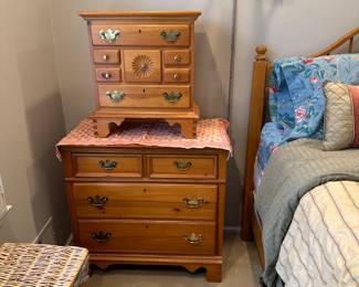 Dixie Furniture Suite - " The Windsor Stripped Pine Collection : Bed, Long Dresser with attached mirror, Nightstands, Lingerie Chest