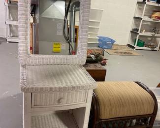 White wicker mirror and side table